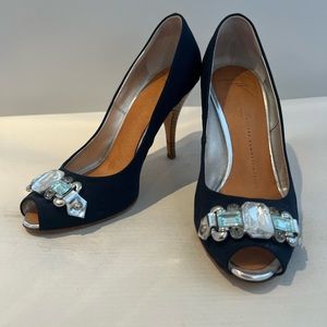 Giuseppe Zanotti Navy Peep Toe with Rhinestones & Wood Heel